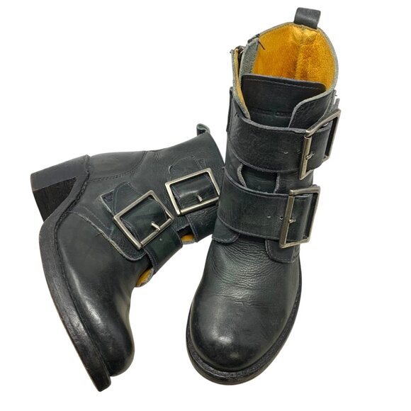 Frye Sabrina Black Leather Double Buckle Ankle Boots‎ - Picture 12 of 12